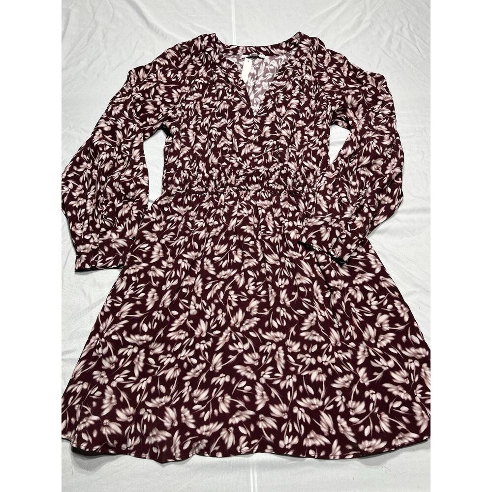 NWT Madewell Smocked Dress Purple Floral Y Neck Size Small Long Sleeve
